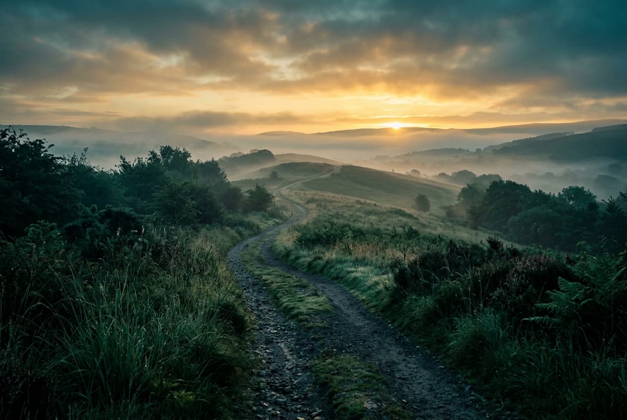 A path winding toward a golden sunrise